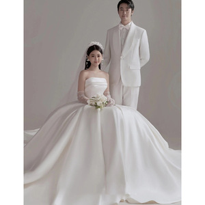 French Strapless Light Wedding Dress Natural Waistline Satin Train Elegant Simple White Gown For Petite Brides - Product Image 5