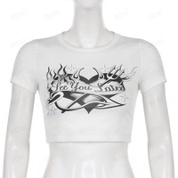 T-shirt court slim fit streetwear d'été, imprimé lettres, en modal/élasthanne/coton, manches courtes, détails perforés, directement de l'usine