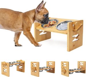 Bols pour chiens surélevés, bol d'eau pour bouledogue français incliné et surélevé, station d'alimentation pour animaux de compagnie en bambou incliné - Product Image 1