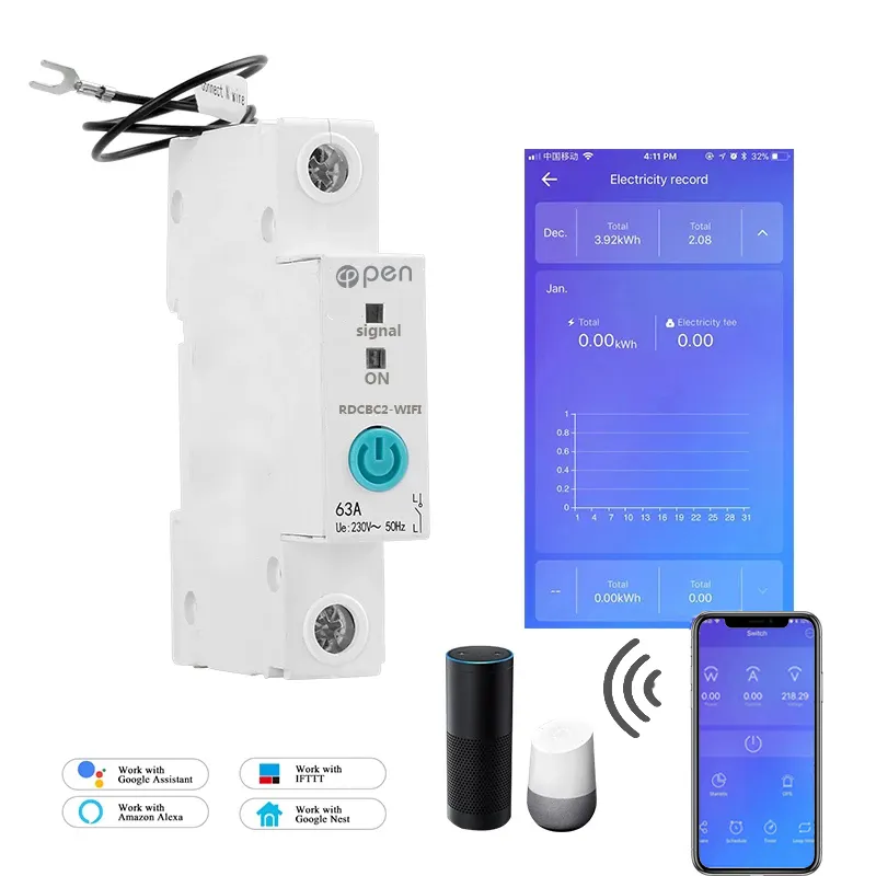 1P WiFI remote control compatible with Amanzon Alexa and Google home energy monitoring circuit breaker din rail switch