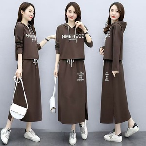 NMEPIECE Women's Two Piece Set Hooded Long Sleeve Knitted Dress Casual Sportswear Breathable Printed Outfit Black Coffee Blue - Product Image 3