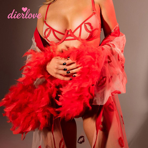 Robe en maille transparente imprimée lèvres rouges pour l'été, avec soutien-gorge à armatures orné de plumes et chaînes, lingerie sexy pour femme avec kimono assorti - Product Image 1