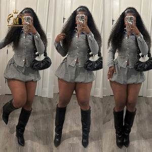 Nouveau Designer femmes Denim vêtements veste courte + jupe bulle correspondant 2 pièces ensemble dame Y2K bulle Denim jupe deux pièces ensemble femmes - Product Image 3