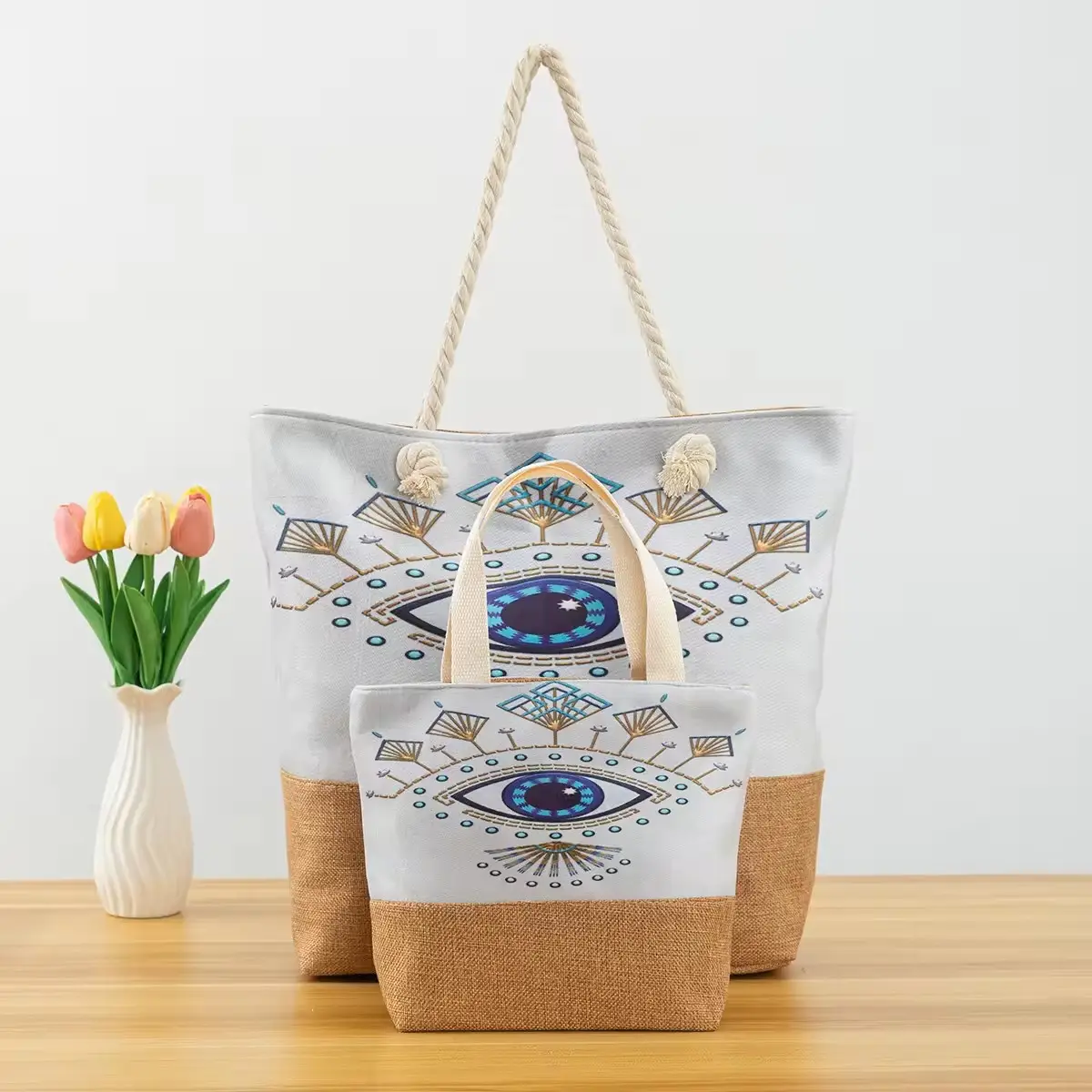 Large Capacity Ethnic Style Beach Bag with Evil Eye Graphic Perfect for Halloween Festivals and Vacation Getaways Set