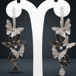 Black White Diamond Butterfly <b>Huggie</b> Hoops Rhodium Plated Symmetrical Elegant Natural Brilliant Cut 14K <b>Solid</b> <b>Gold</b> Wedding Gift - Product Image 1
