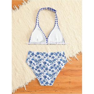 FOXA Girl's 2 Piece Floral Print Halter <b>Bikini</b> High Waisted Swimwear Stretch Spandex Polyester Bathing Suit - Product Image 3