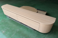 Meuble TV mural flottant avec extrémités incurvées et bords arrondis, placage bois, console multimédia minimaliste avec deux tiroirs