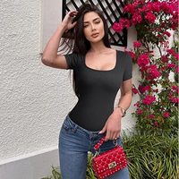 Jumpsuit Wanita Model Kerah Kotak Lengan Pendek Ketat Gaya Eropa Amerika - Bahan Poliester Ramah Lingkungan untuk Promosi Grosir