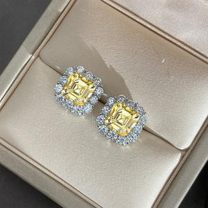 Pendientes de tuerca finos de circón cuadrado con piedras preciosas amarillas para mujer, pendientes de verano ostentosos de plata 925 al por mayor - Product Image 5