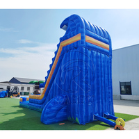 Tobogán Acuático Inflable de PVC Iridiscente Comercial con Piscina, Tobogán Acuático con Palmeras Tropicales para Niños y Adultos