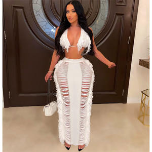 Hot Selling Tank Top With Maxi <b>Skirt</b> 2 Piece Set Women Outfits for Women Solid Set With Tassels Women Set - Product Image 3