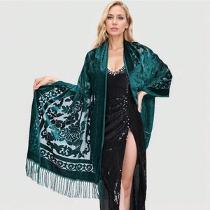 Elegant Velvet Cheongsam <b>Shawl</b> Dark Green Floral Print Long Tassel Evening Gown <b>Wrap</b> Traditional Scarf - Product Image 1