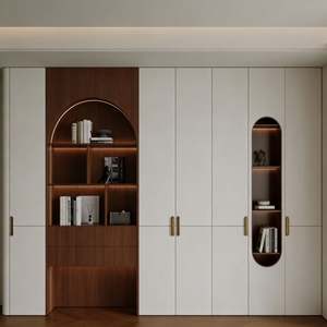 Armario Combinado BALOM Personalizado en Beige y Tonos Madera con Nicho Arqueado con Iluminación LED, Herrajes de Latón, Elegante Mueble de Almacenamiento para Dormitorio - Product Image 4