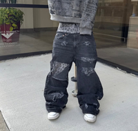 MZN Jeans Baggy Homme Noir Délavé à Motif Léopard Patchwork Coupe Large Streetwear