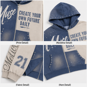 Custom 500Gsm Vintage Wash Rhinestone <b>Zip</b> <b>Up</b> Hoodie Distressed Cropped Boxy Applique Embroidery Streetwear Custom Men Hoodie - Product Image 3