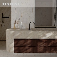 Nouvelle arrivée Tostone : Meuble-lavabo en travertin blanc poli, bois massif naturel, pour salles de bain modernes de villas et maisons contemporaines