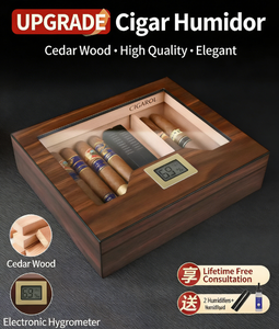 Kotak Humidor Cerutu Kayu Cedar Vintage Berkualitas Tinggi Buatan Tangan dengan Humidifier dan Hygrometer - Product Image 1