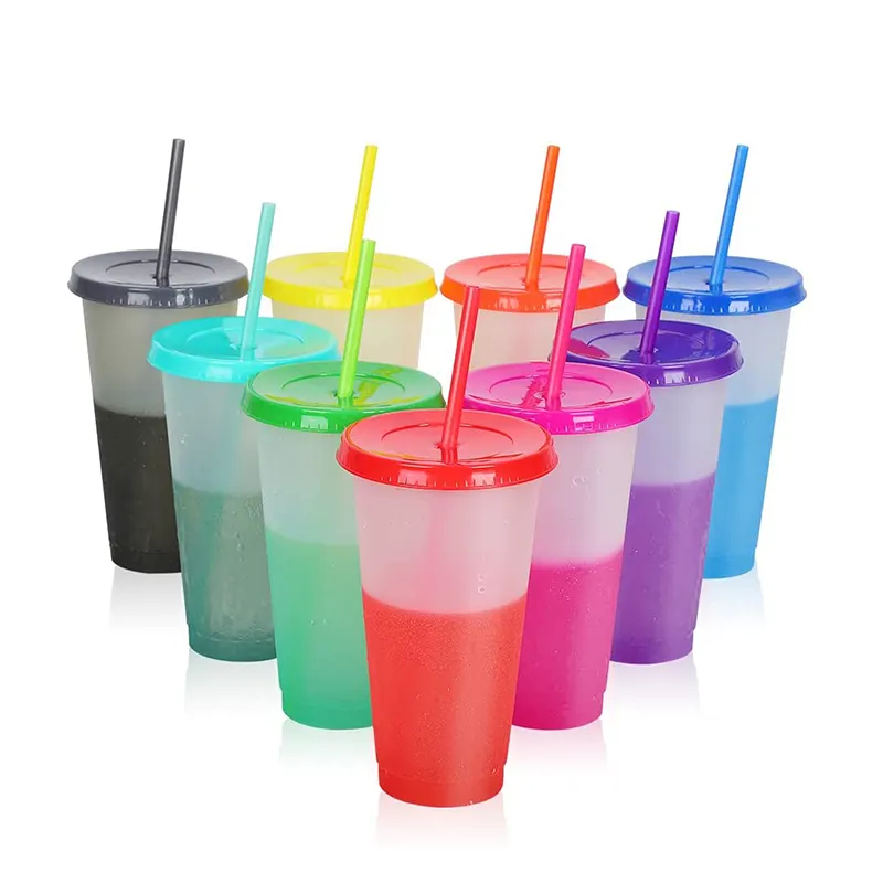 16oz 24oz बड़े रंग बदलते कप वयस्कों के बच्चों के लिए लंबा आइस्ड ठंड पुआल पीने के प्यारा गिलास कप प्लास्टिक tumblers