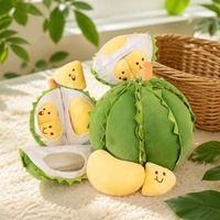 Ronde groene durian knuffel met vilten schil-stroken en geel fruitvlees, schattig fruitknuffeltje voor decoratie in de leeshoek en slaapkamer cadeau