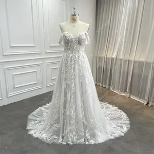 Querida Movable Fora Do Ombro Mangas 3D Flores Lace A Linha Sage Custom Wholesale Wedding Dress