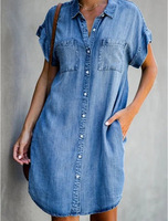 S-5XL nouvelle mode femmes Denim chemise robes revers bouton à manches courtes couleur unie Europe Style décontracté Midi longueur robe