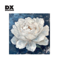 Lukisan Kanvas Bunga Peony Putih 3D Custom DX Designs dengan Latar Belakang Biru Dongker, Lukisan Minyak Floral untuk Dekorasi Rumah yang Elegan di Kamar Tidur