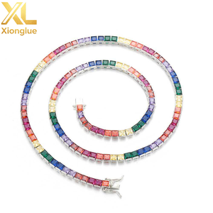 Collar de cadena tipo tenis con circonita cúbica cuadrada de colores, engaste de tensión de cobre brillante, centro de perla brillante, geométrico, para compromiso - Product Image 4