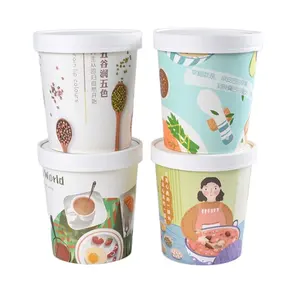 Bols à soupe jetables en papier kraft brun blanc écologique, anti-fuite, coupe à glace de 16oz avec couvercles en papier