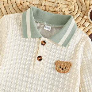 Conjunto de Dos Piezas para Niños Pequeños, Estampado Informal, de Lana, Manga Larga, Moderno, Cómodo, con Parche de Oso - Product Image 3