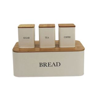Bamboo Cutting Board Lid Kitchen Bread Bin <b>Box</b> With 3- Piece Sugar <b>Tea</b> Coffee Containers Sets - Product Image 1