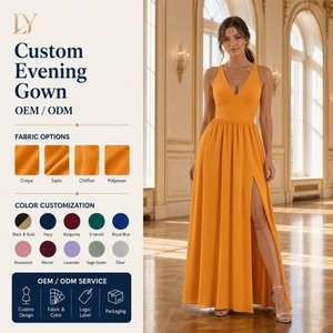 Fabricant de robes de soirée sur mesure en gros, col en V, sans manches, fente haute, coupe trapèze - Product Image 1