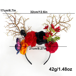 Diadema de Halloween Día de Muertos - Tocado gótico oscuro con ramas artificiales y flores coloridas para personas - Product Image 2