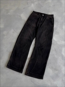 <span class=keywords><strong>Jeans</strong></span> Vintage Neri Effetto Acid Wash, Gamba Dritta Oversize con Ricamo Floreale, Stile Hip Hop, Denim Lavorato a Maglia per Autunno e Inverno - Product Image 4