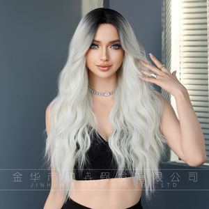 Peluca de Cabello Largo y <span class=keywords><strong>Rizado</strong></span>, Estilo Dibujos Animados, Degradado Plateado Blanco, con Raya al Medio, Resistente al Calor, Semi-Atada a Mano, Ajustable - Product Image 5