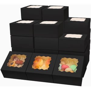 Boîtes à pâtisserie noires avec fenêtre 6x6x3 pouces, épaisses et robustes, pour macarons, pâtisseries et biscuits, pour boulangeries - Product Image 1