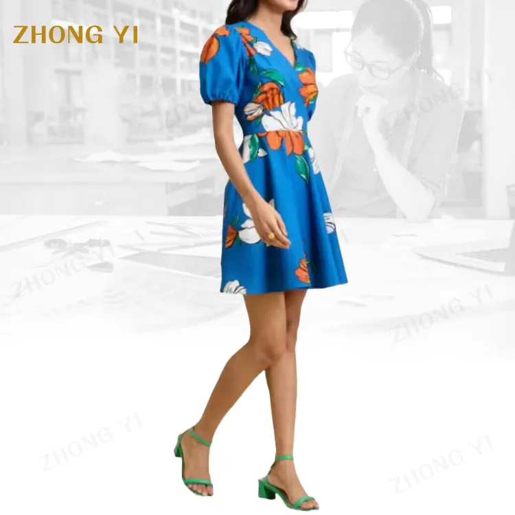 Design Dress Blue Floral Print V Neck Puff Sleeves Fit and Flare Short Dress Manufacturer Custom Clothing Floral Casual Dresses