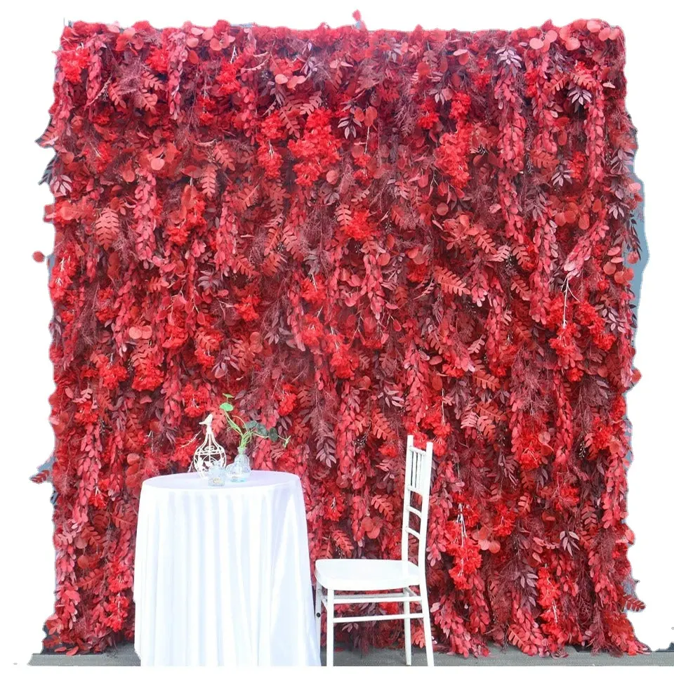 사용자 정의 부르고뉴 안개 잔디 인공 꽃 배경 붉은 깃털 천 롤 파티 또는 결혼식 가정 장식을위한 직물 식물