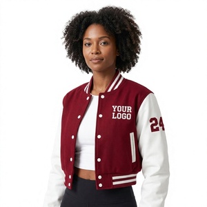 Varsity <b>Jacket</b> <b>Women</b> Embroidered Logo Leather Sleeve Wool Blend Cropped Letterman <b>Jacket</b> Wholesale Baseball <b>Bomber</b> - Product Image 2