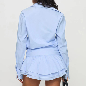 Elegante Vestido Mini Camisero Azul Claro con Rayas Finas, Manga Larga, Cuello, Cintura Fruncida y Dobladillo con Volantes - Ropa Casual de Oficina - Product Image 3