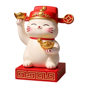 Statue de chat porte-bonheur blanc mignon tenant un bol de lingots d'or, symbole chinois de fortune et de richesse, artisanat en résine idéal pour la décoration de la maison - Product Image 1