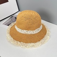 Sombrero de Sol de Rafia para Mujer con Borde Deshilachado y Correa de Encaje, Ajustable, para Playa y Verano
