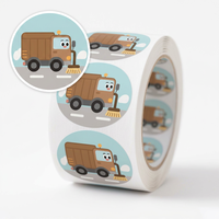 Étiquettes décoratives pour enfants, en papier synthétique imperméable, à forte adhérence, en rouleau, avec motifs de camions de chantier de dessins animés mignons, pour emballages cadeaux
