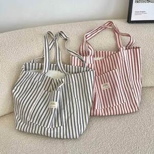 Custom Logo <b>Large</b> Capacity Striped Retro One Shoulder Canvas Shopping Tote <b>Bag</b> - Product Image 2