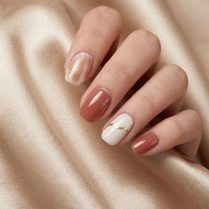 <span class=keywords><strong>Faux</strong></span> ongles personnalisés en gros, marque privée, courts, forme squoval, motif marbré tons terre, réutilisables, en acrylique, pour salon - Product Image 1
