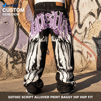 Jean baggy à jambe ultra large imprimé intégral motif aile gothique noire et violette personnalisé OEM pour homme Hip Hop Streetwear