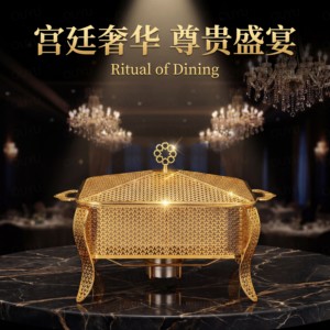 Plat de service rectangulaire doré de luxe professionnel pour buffet, <span class=keywords><strong>chauffe</strong></span>-plats, avec couvercle doré, ensemble de réchauds suspendus effet martelé - Product Image 2