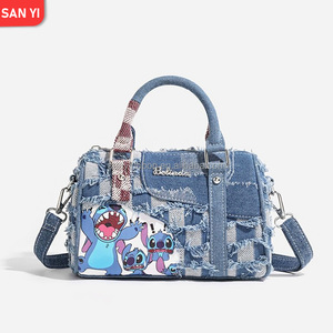 New Cute Cartoon Stitch Patchwork Denim Lace Checkerboard Shoulder <strong>Bag</strong> Handbag for Women - Product Image 1