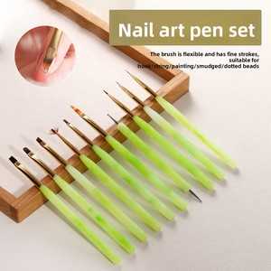 Ensemble de pinceaux à ongles multifonctionnels pour salon de manucure, avec manche en plastique vert, petite taille, pour nail art au gel, avec virole sertie et liner plat en nylon - Product Image 2