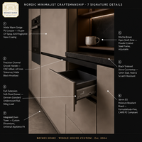 Cuisine complète sur mesure style Japandi, finition mate sable chaud mocha, étagère ouverte, plan de travail en pierre noire, fabrication OEM