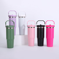 Vente en gros de gobelets isothermes en acier inoxydable de 30 oz avec poignée de transport et couvercle, à double paroi, isolés sous vide, pour la voiture et le camping